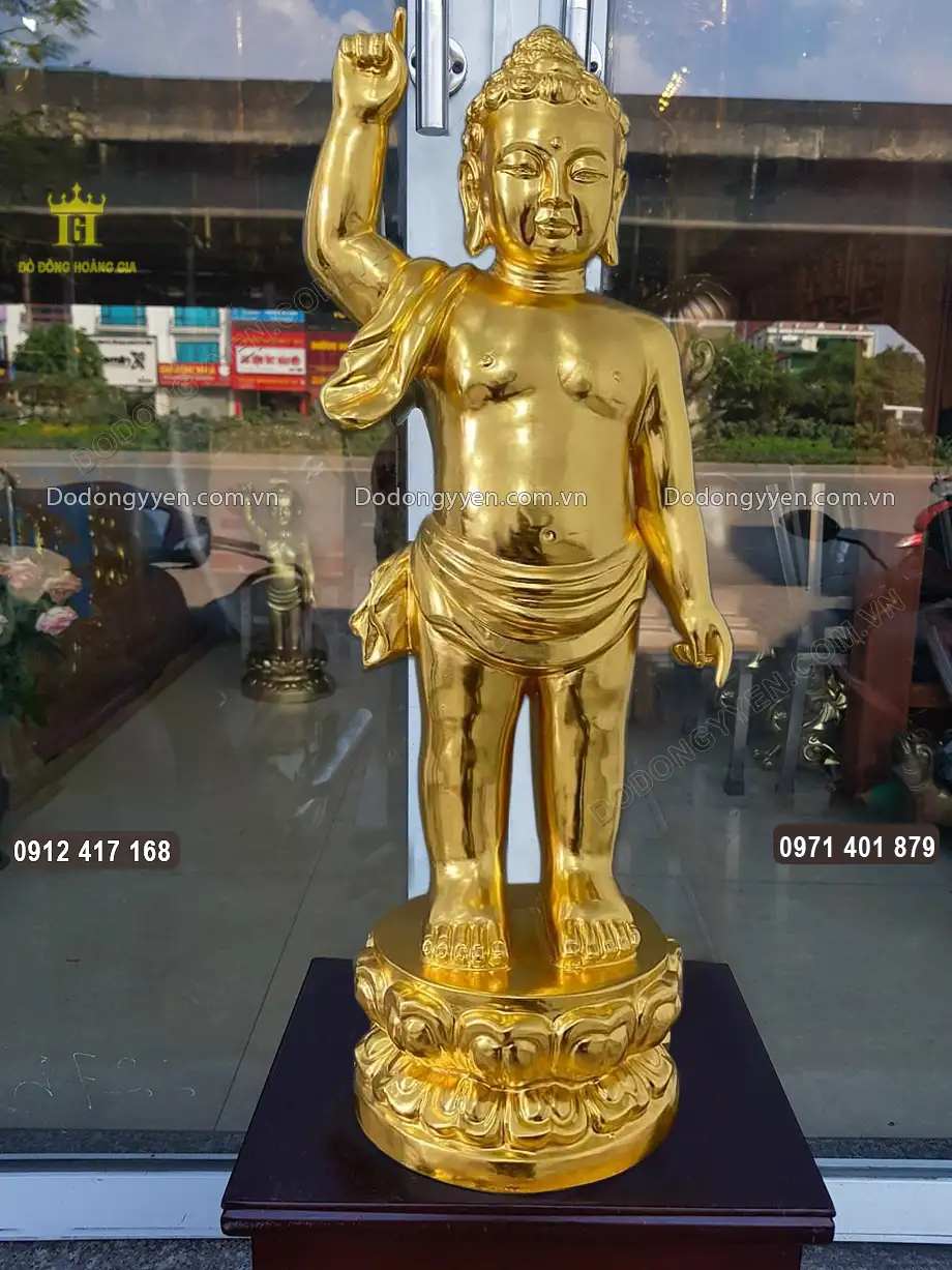 Tượng Phật Đản Sanh Bằng Đồng D&aacute;t V&agrave;ng 9999 Cao 68Cm